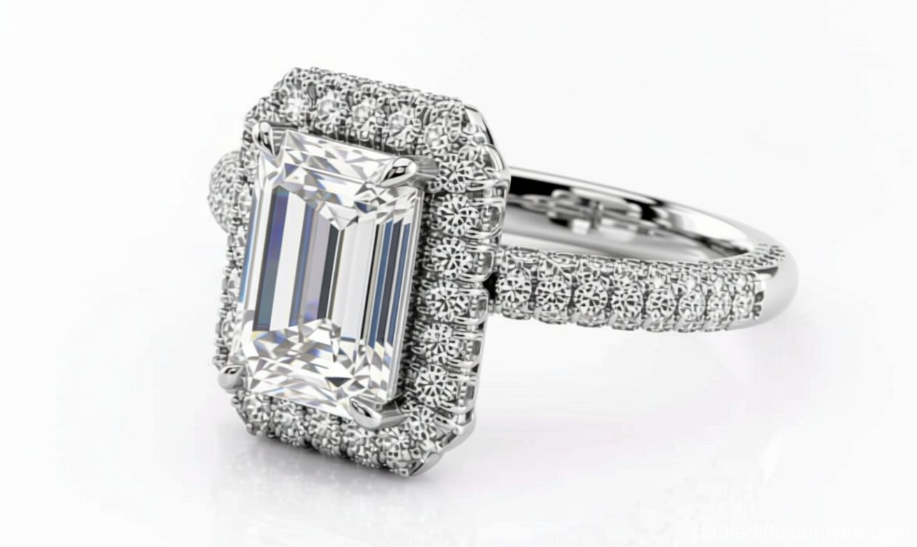 Emerald Cut Moissanite Engagement Ring, Full Set Design