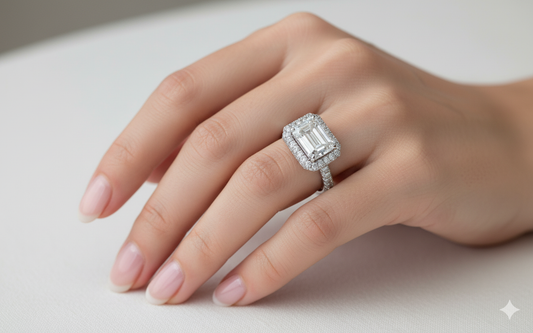 Emerald Cut Moissanite Engagement Ring, Full Set Design