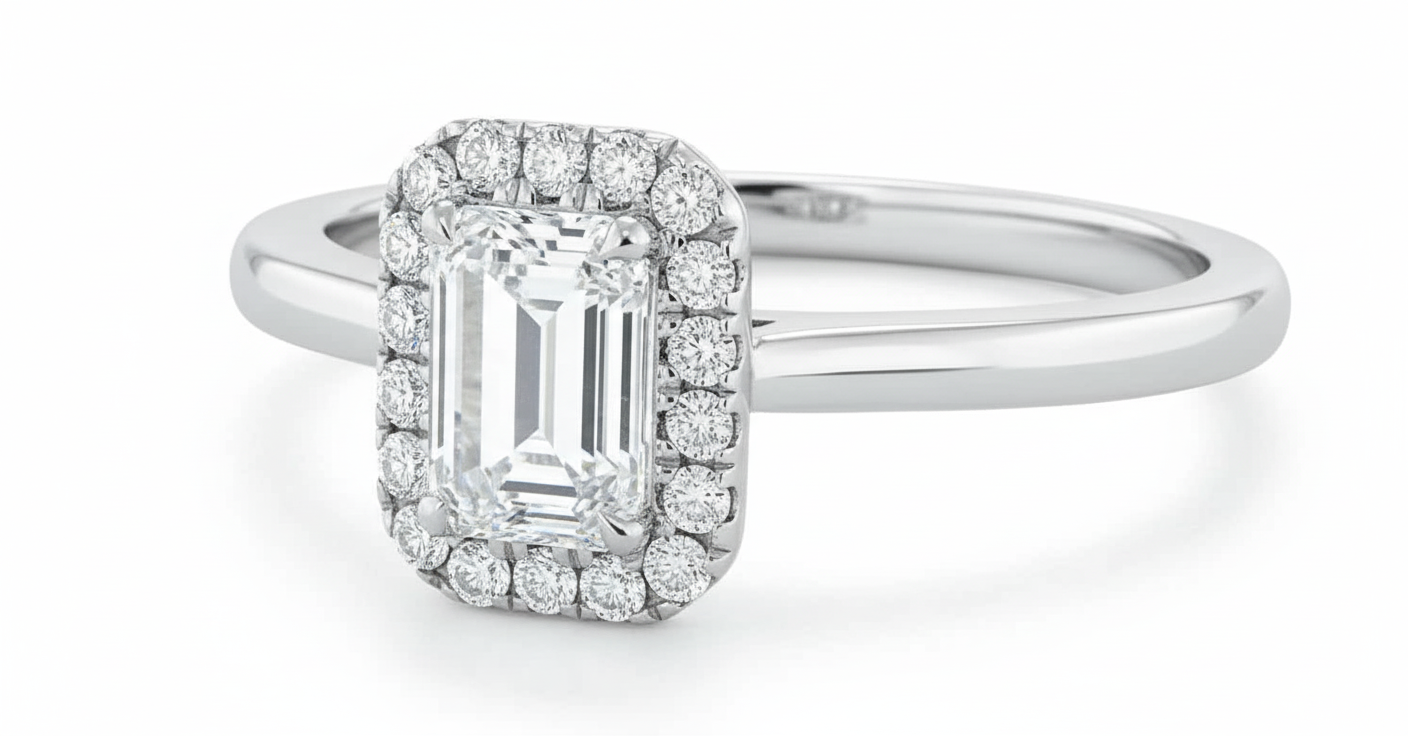 Emerald Cut Moissanite Engagement Ring, Halo Design