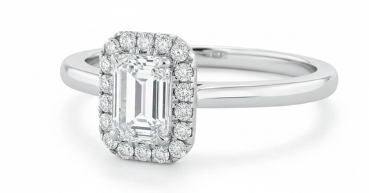 Emerald Cut Moissanite Engagement Ring, Halo Design