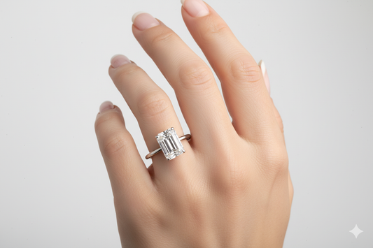 Emerald Cut Moissanite Engagement Ring, Hidden Halo Design