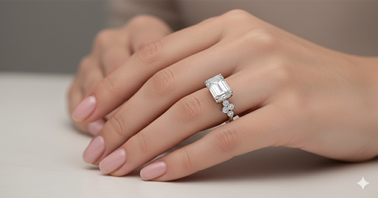 Emerald Cut Moissanite Engagement Ring, Hidden Halo With Side Stones