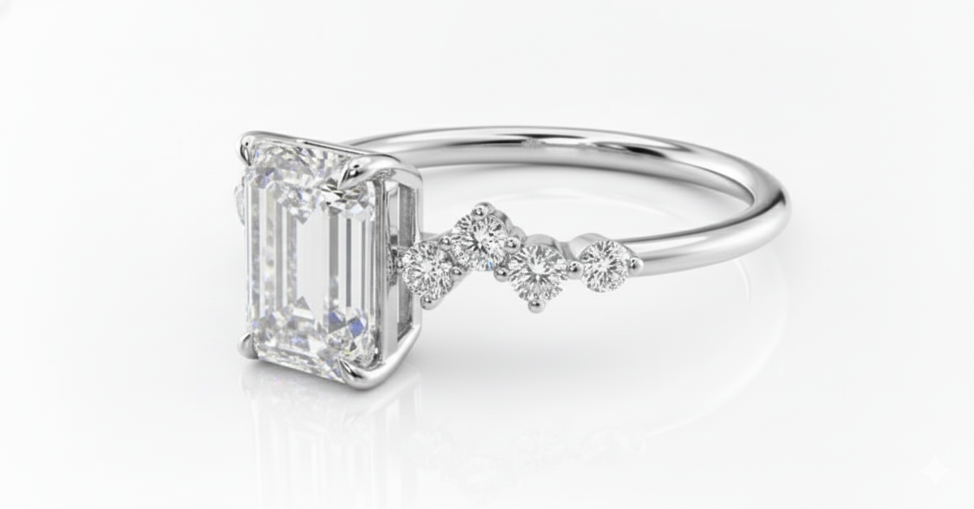 Emerald Cut Moissanite Engagement Ring, Hidden Halo With Side Stones