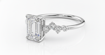 Emerald Cut Moissanite Engagement Ring, Hidden Halo With Side Stones