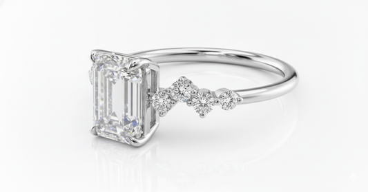 Emerald Cut Moissanite Engagement Ring, Hidden Halo With Side Stones