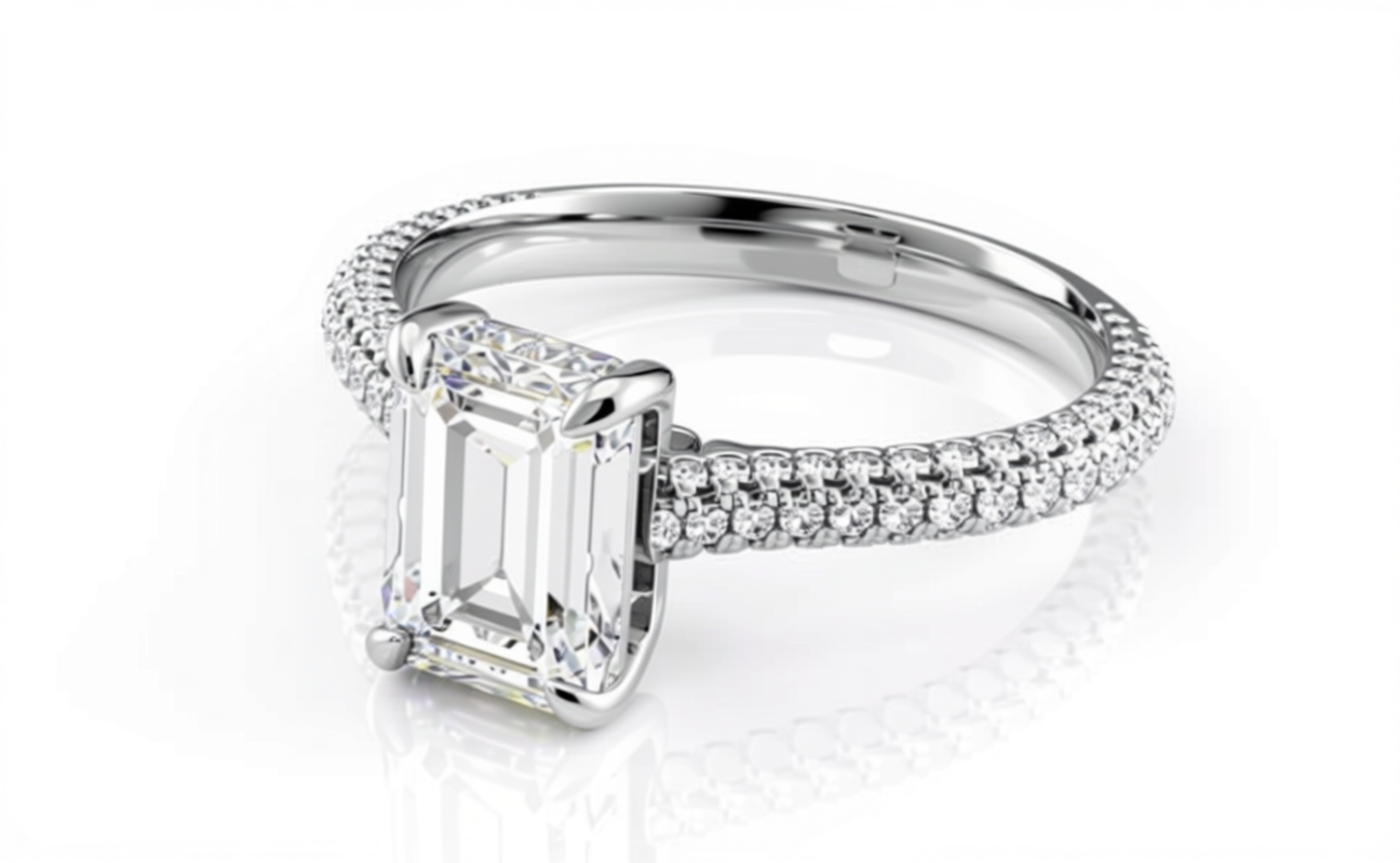 Emerald Cut Moissanite Engagement Ring, Pave Set Shoulders