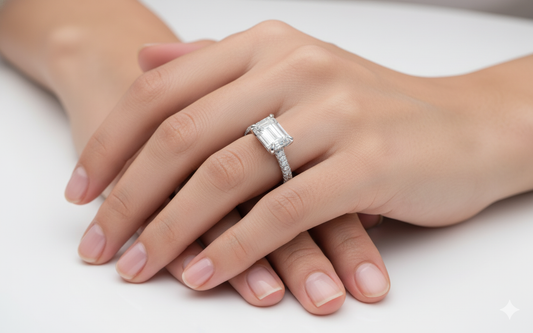 Emerald Cut Moissanite Engagement Ring, Pave Set Shoulders