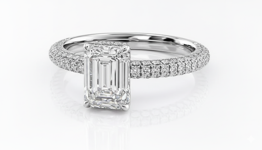 Emerald Cut Moissanite Engagement Ring, Pavé Set Shoulders With Hidden Halo