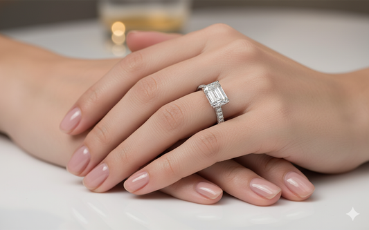 Emerald Cut Moissanite Engagement Ring, Pavé Set Shoulders With Hidden Halo