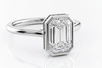 Emerald Cut Moissanite Engagement Ring, Rubover Setting With Hidden Halo