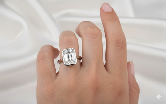 Emerald Cut Moissanite Engagement Ring, Rubover Setting With Hidden Halo