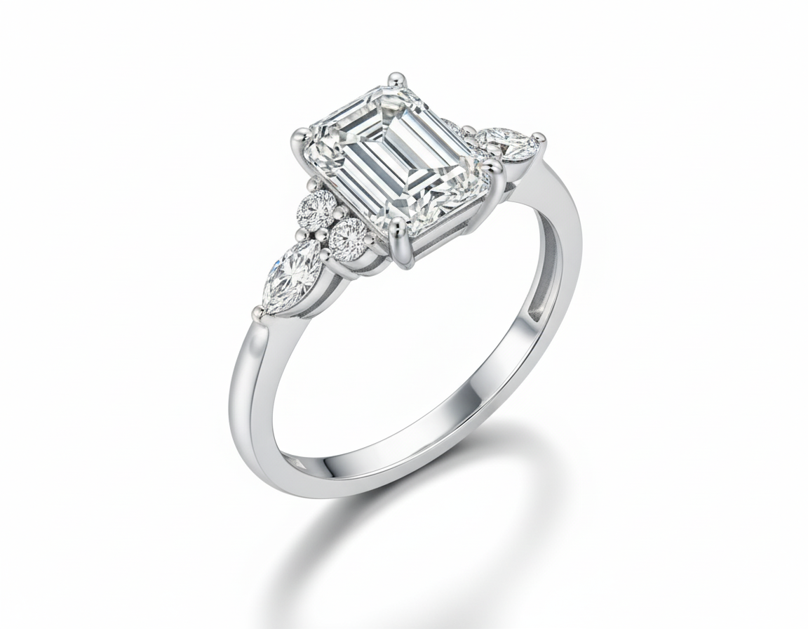 Emerald Cut Moissanite Engagement Ring, Shoulder Set Vintage Design