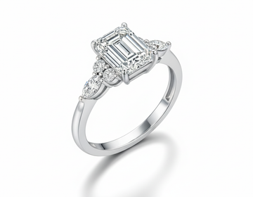 Emerald Cut Moissanite Engagement Ring, Shoulder Set Vintage Design