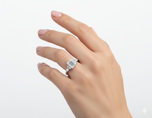 Emerald Cut Moissanite Engagement Ring, Shoulder Set Vintage Design