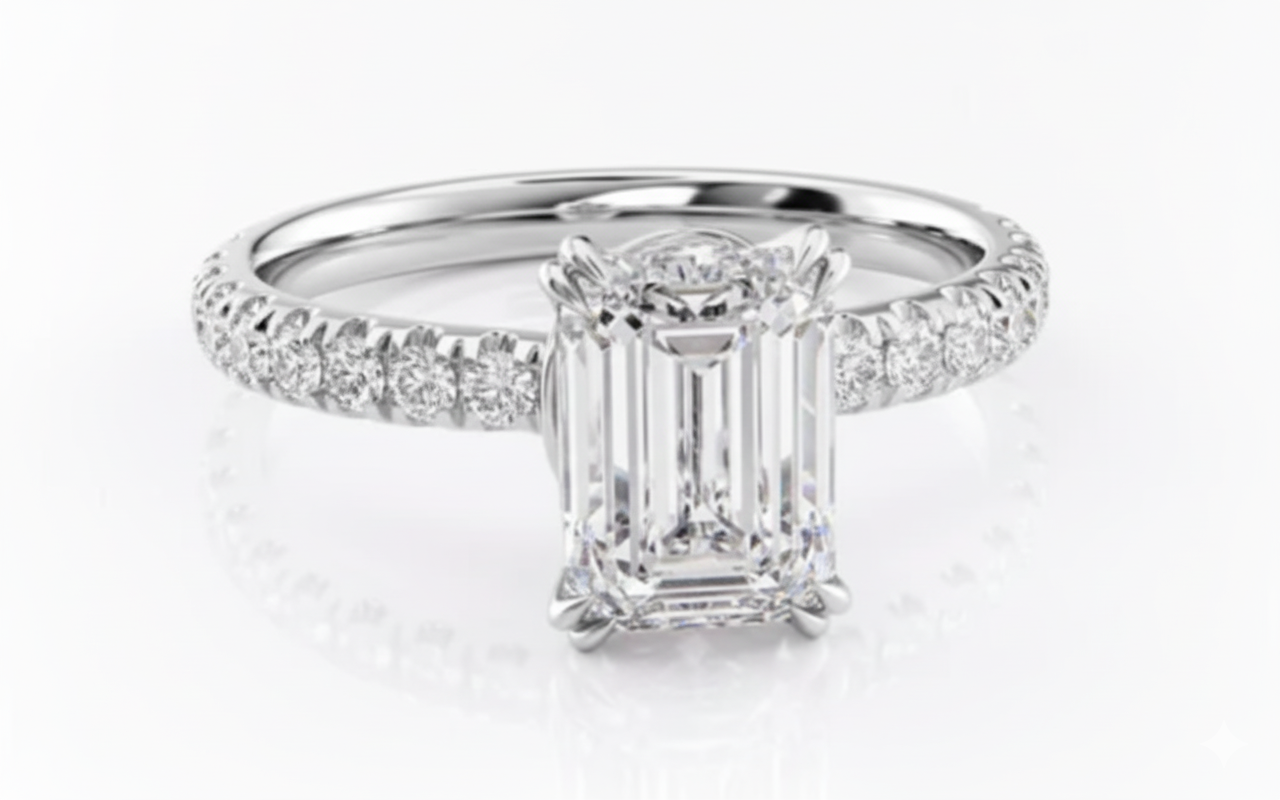 Emerald Cut Moissanite Engagement Ring, Shoulder Set With Block Halo