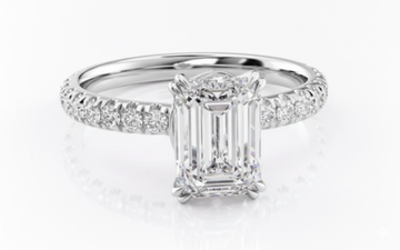 Emerald Cut Moissanite Engagement Ring, Shoulder Set With Block Halo
