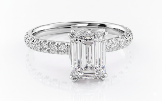 Emerald Cut Moissanite Engagement Ring, Shoulder Set With Block Halo