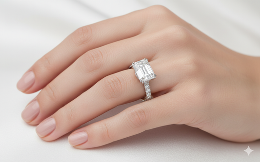 Emerald Cut Moissanite Engagement Ring, Shoulder Set With Block Halo