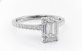 Emerald Cut Moissanite Engagement Ring, Shoulder Set With Hidden Halo