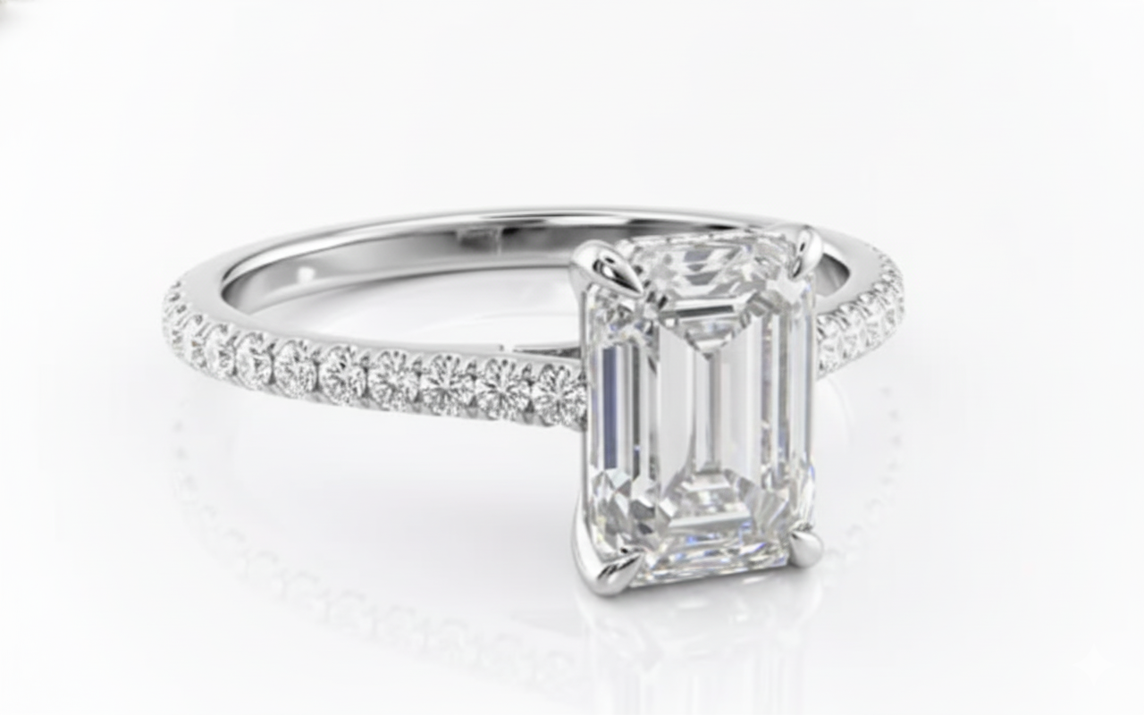 Emerald Cut Moissanite Engagement Ring, Shoulder Set With Hidden Halo