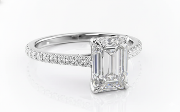 Emerald Cut Moissanite Engagement Ring, Shoulder Set With Hidden Halo