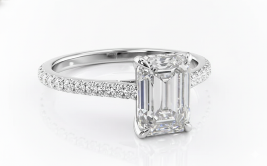 Emerald Cut Moissanite Engagement Ring, Shoulder Set With Hidden Halo