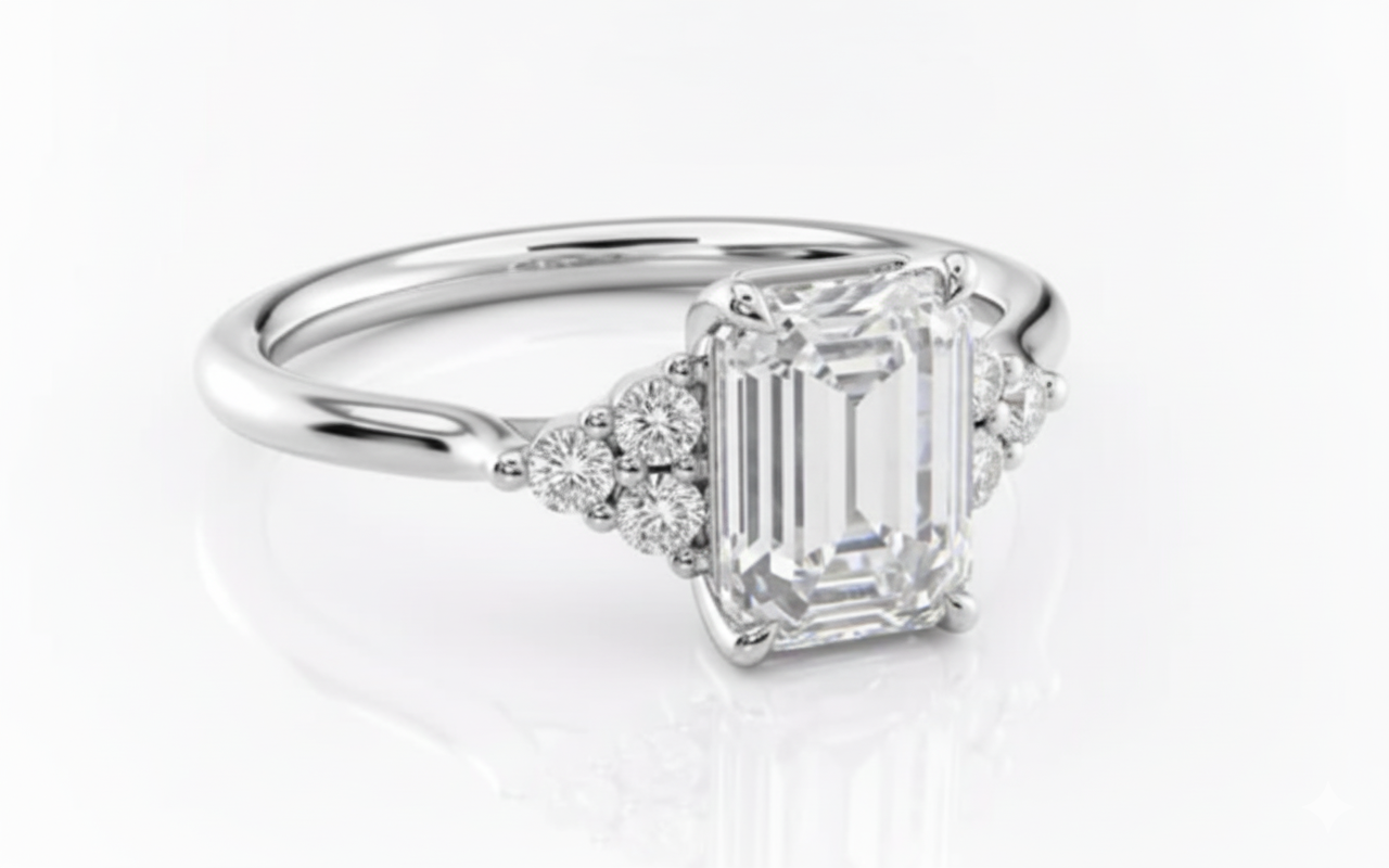 Emerald Cut Moissanite Engagement Ring, Side Stone Accents