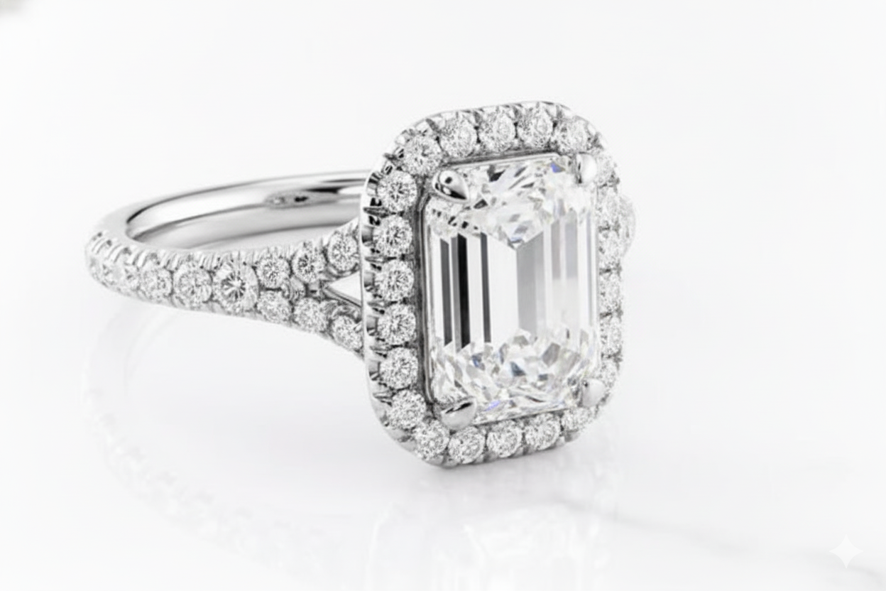 Emerald Cut Moissanite Engagement Ring, Split Shank and Halo Design