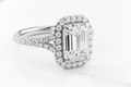 Emerald Cut Moissanite Engagement Ring, Split Shank and Halo Design