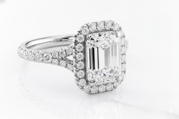 Emerald Cut Moissanite Engagement Ring, Split Shank and Halo Design