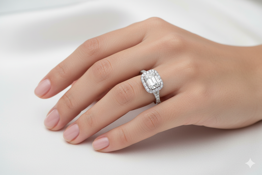 Emerald Cut Moissanite Engagement Ring, Split Shank and Halo Design