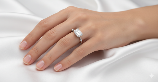 Emerald Cut Moissanite Engagement Ring, Stone Set Shoulders