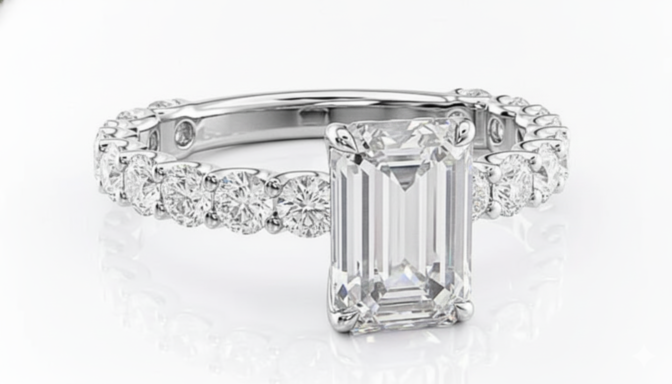 Emerald Cut Moissanite Engagement Ring, Stone Set Shoulders With Hidden Halo
