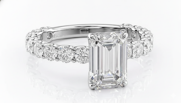 Emerald Cut Moissanite Engagement Ring, Stone Set Shoulders With Hidden Halo
