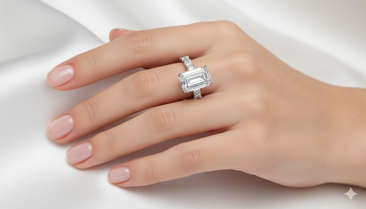 Emerald Cut Moissanite Engagement Ring, Stone Set Shoulders With Hidden Halo