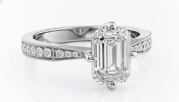 Emerald Cut Moissanite Engagement Ring, Stone Set Shoulders With Milgrain Edge