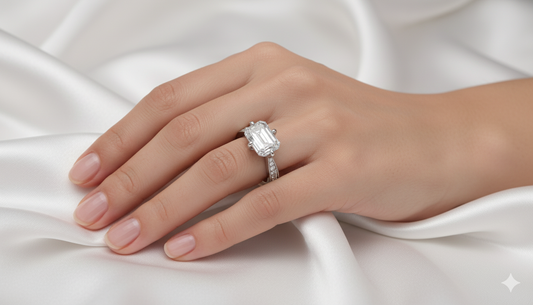 Emerald Cut Moissanite Engagement Ring, Stone Set Shoulders With Milgrain Edge