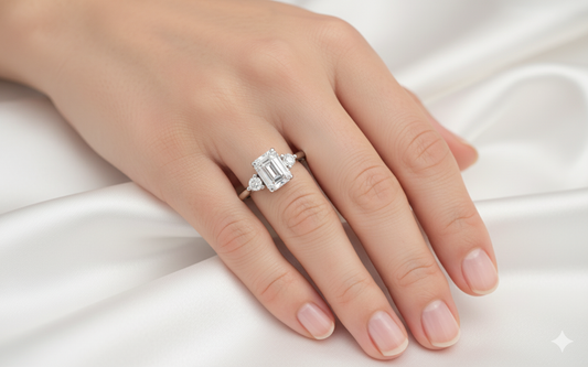 Emerald Cut Moissanite Engagement Ring, Three Stone Design