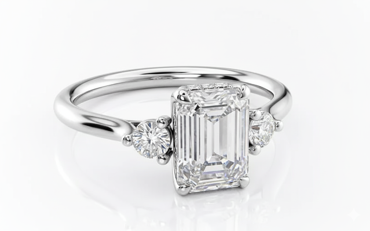 Emerald Cut Moissanite Engagement Ring, Three Stone Design