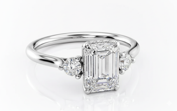 Emerald Cut Moissanite Engagement Ring, Three Stone Design