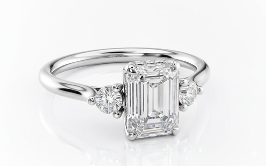 Emerald Cut Moissanite Engagement Ring, Three Stone Design