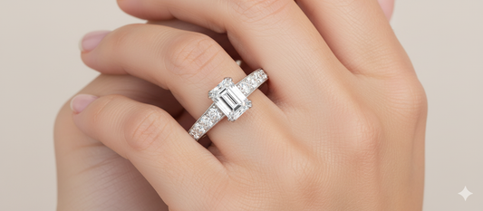 Emerald Cut Moissanite Engagement Ring, Tiffany Style Halo Design