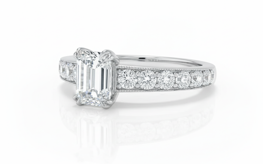 Emerald Cut Moissanite Engagement Ring, Tiffany Style Halo Design