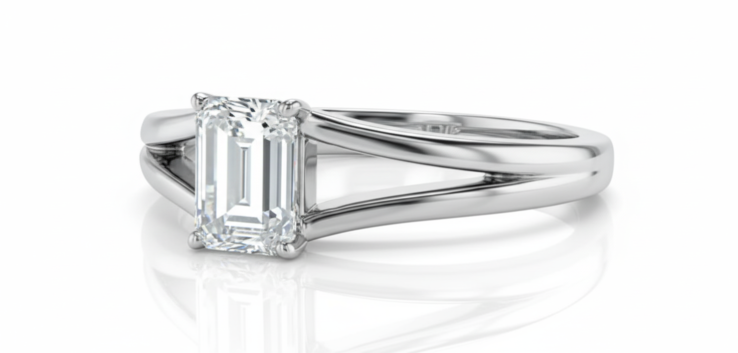 Emerald Cut Moissanite Engagement Ring, Tiffany Style Split Shank