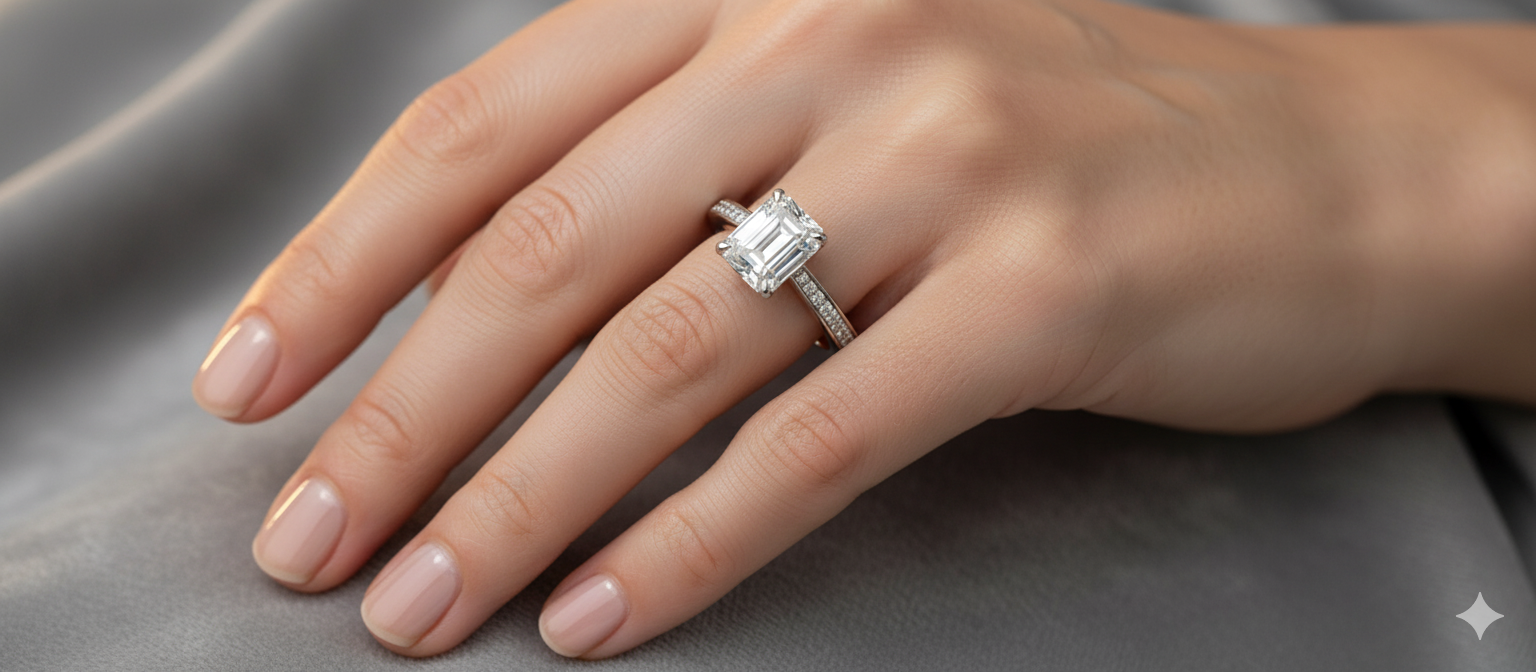 Emerald Cut Moissanite Engagement Ring, Timeless Classic Design
