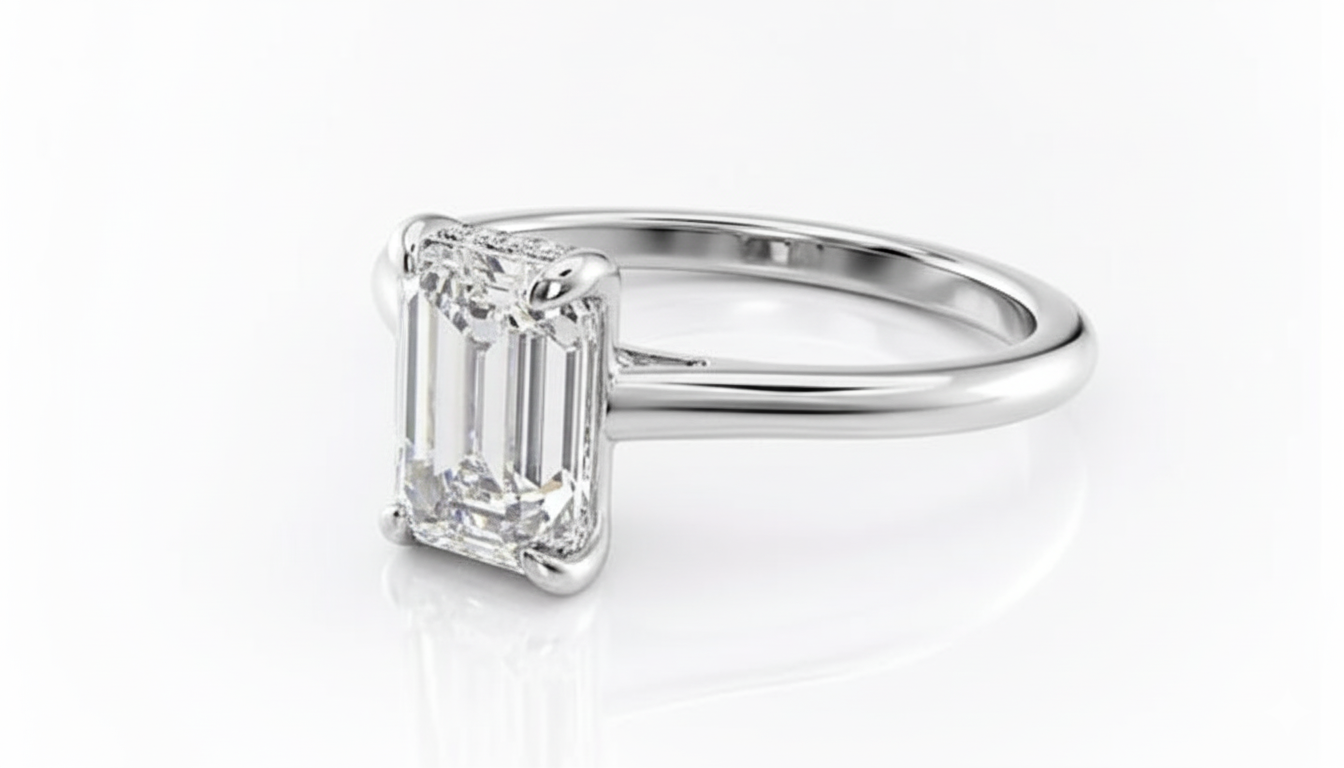 Emerald Cut Moissanite Engagement Ring, Timeless Hidden Halo