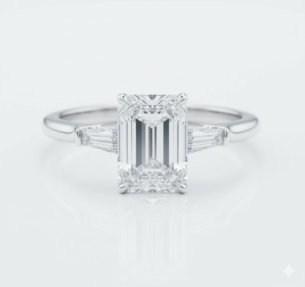 Emerald Cut Moissanite Engagement Ring, Traditional Classic Design