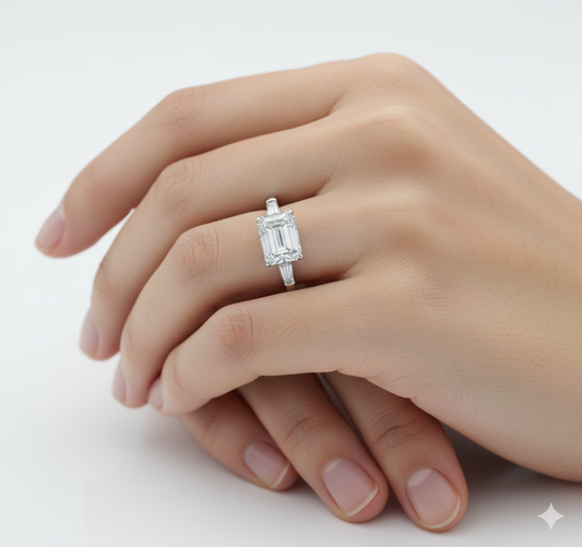 Emerald Cut Moissanite Engagement Ring, Traditional Classic Design