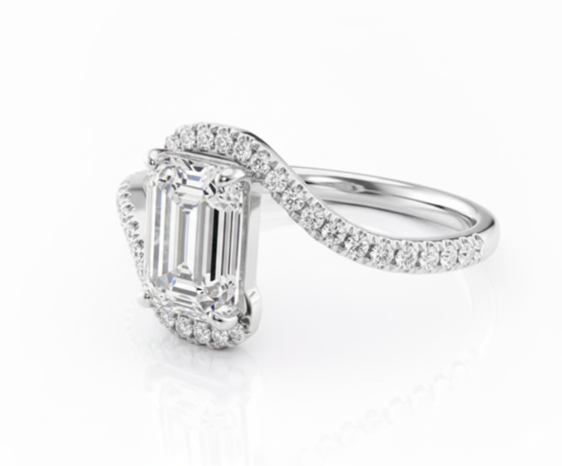 Emerald Cut Moissanite Engagement Ring, Twist Design