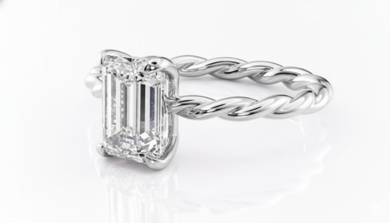 Emerald Cut Moissanite Engagement Ring, Twisted Band With Hidden Halo